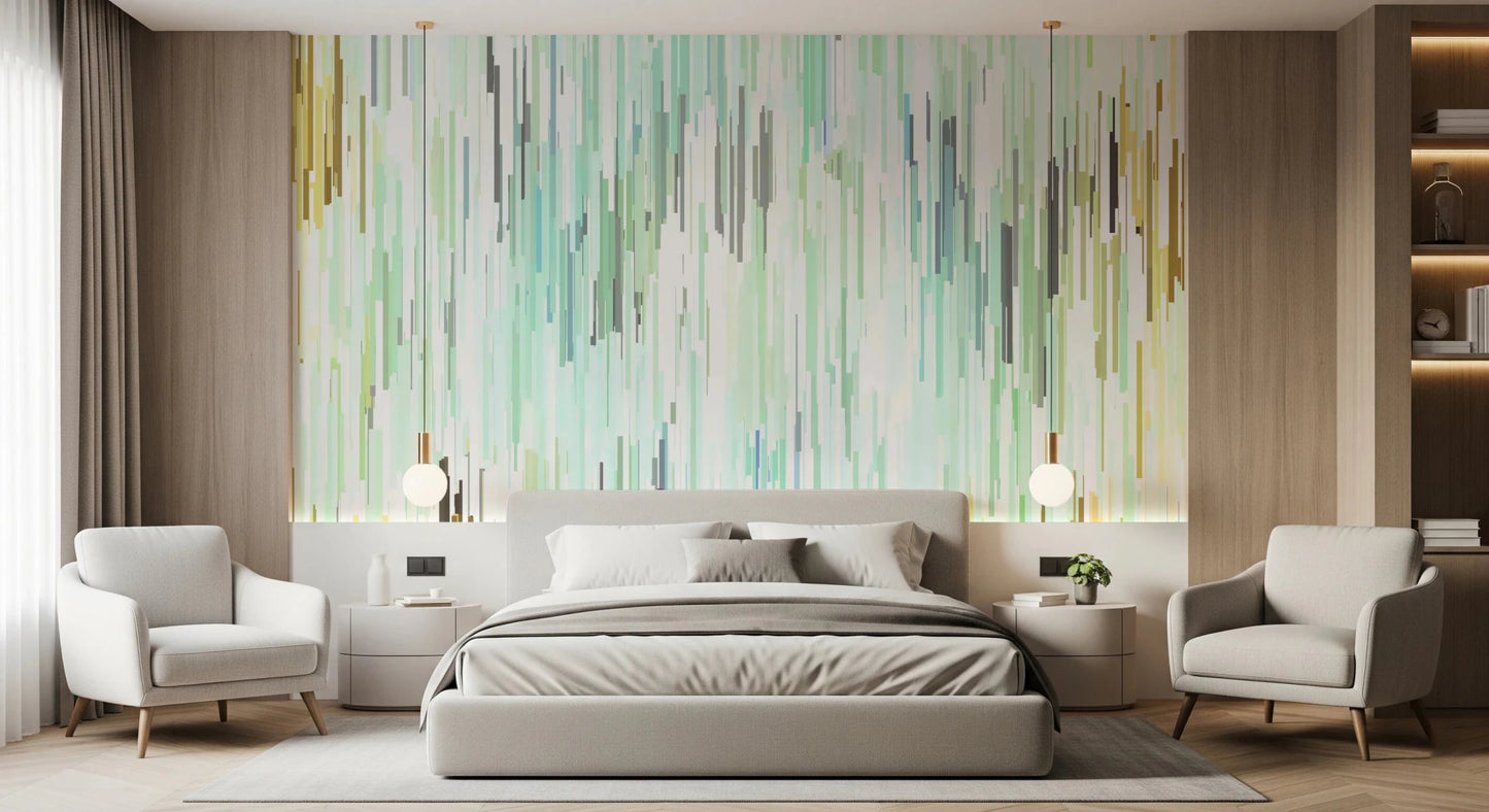Geometric wall mural with vertical line movement and cool pastel contrast