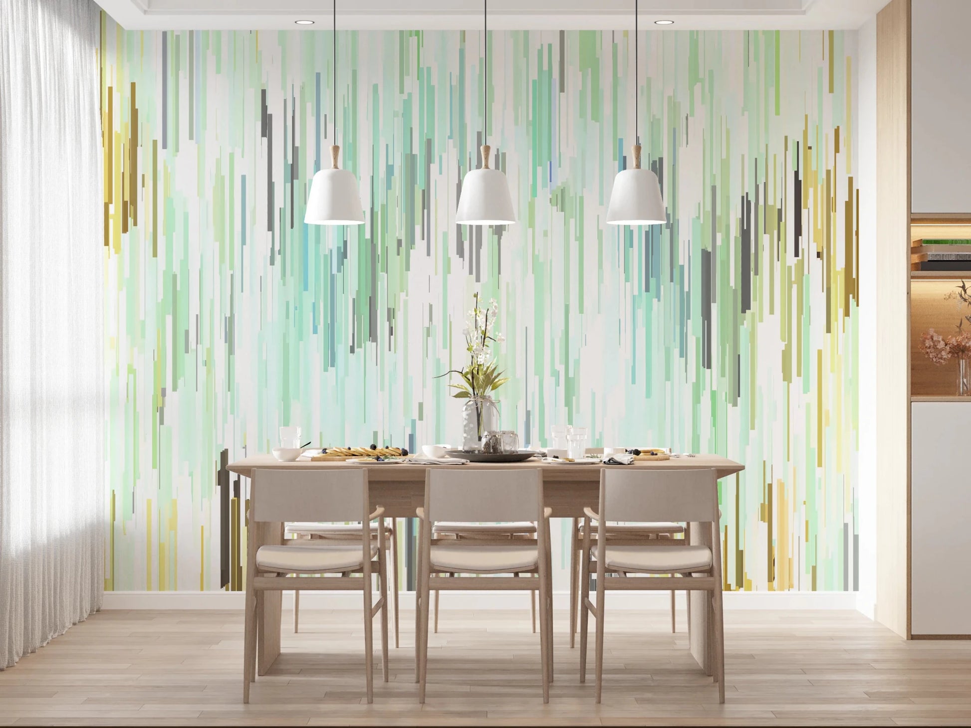 Teal Rain wall mural in a dining room with vertical geometric spring tones
