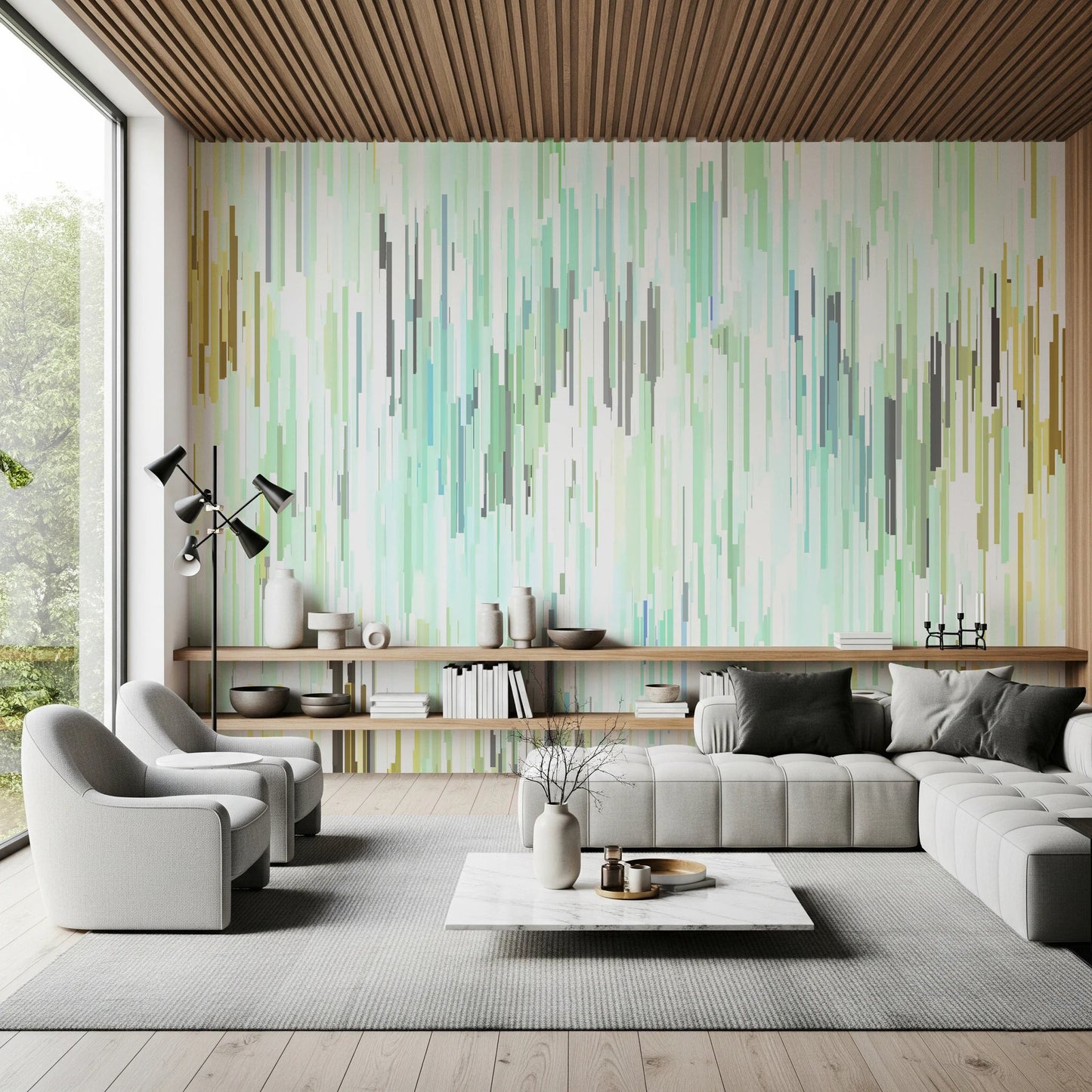 Teal Rain Geometric Spring Fall Wall Mural with vertical painted line detail