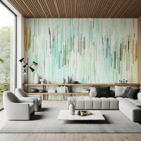 Teal Rain Geometric Spring Fall Wall Mural with vertical painted line detail