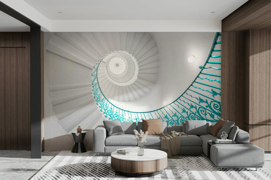Spiraling staircase viewed from below.

