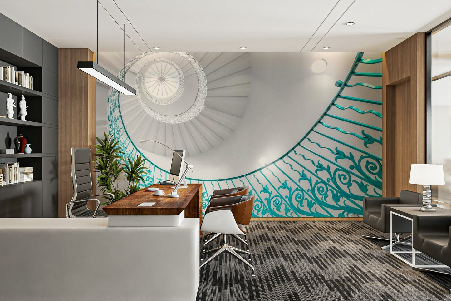 Striking, ornate railing in a teal color.

