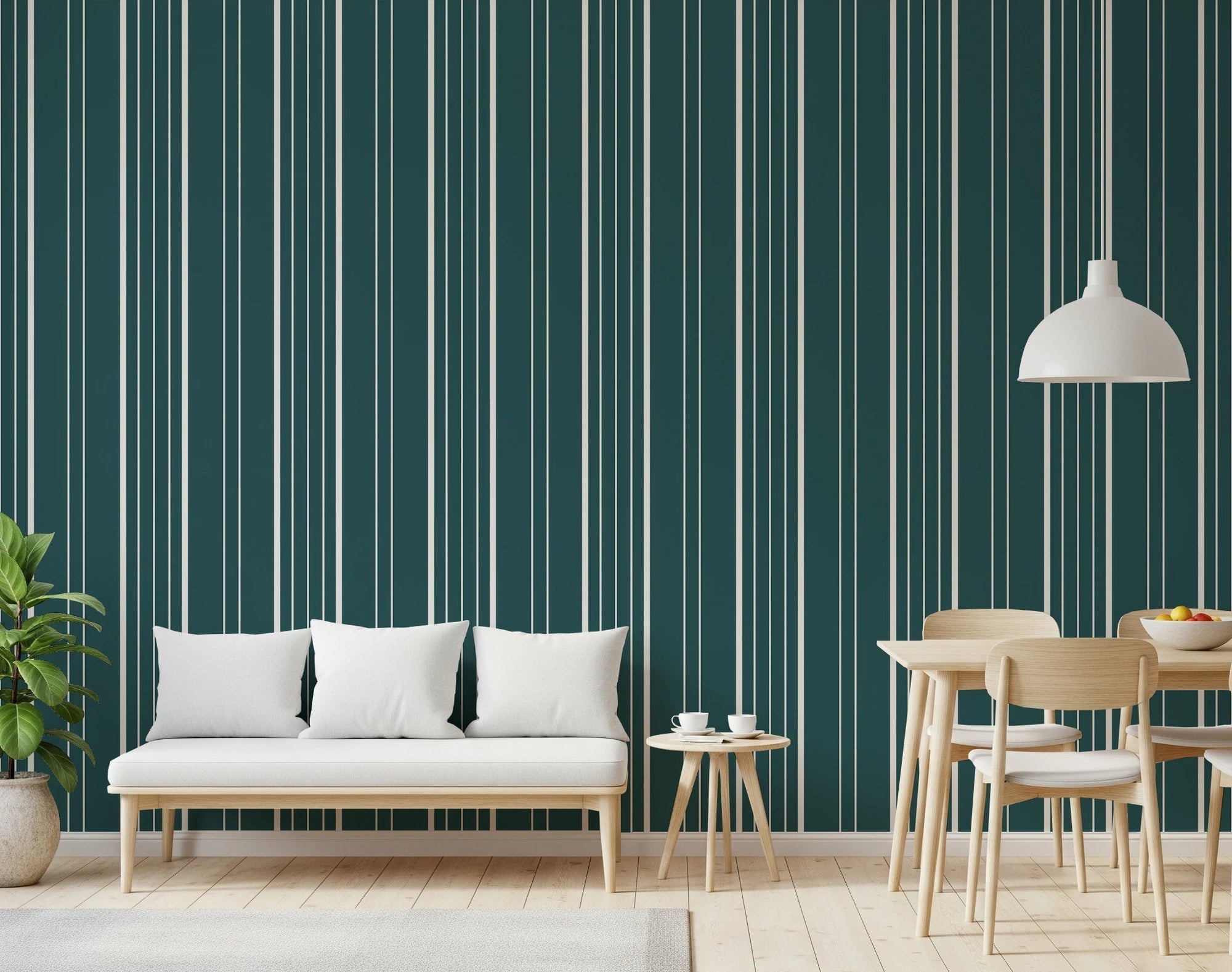 Living room styled with Teal Stripe Wallpaper and vertical line pattern backdrop, GD8226