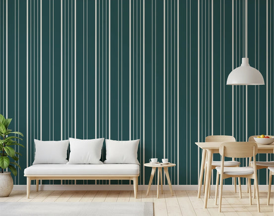 Living room styled with Teal Stripe Wallpaper and vertical line pattern backdrop, GD8226