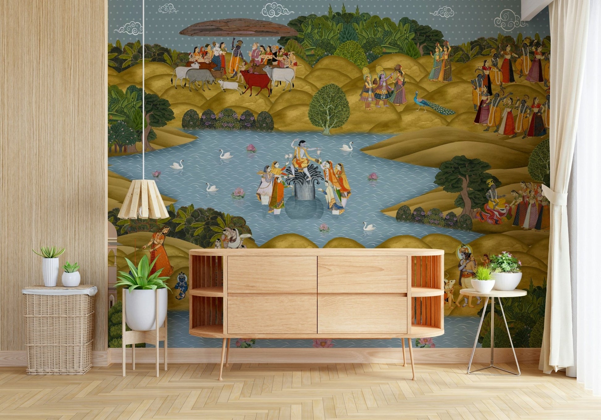 Wide view of Teal Tapovan wall mural covering an accent wall
