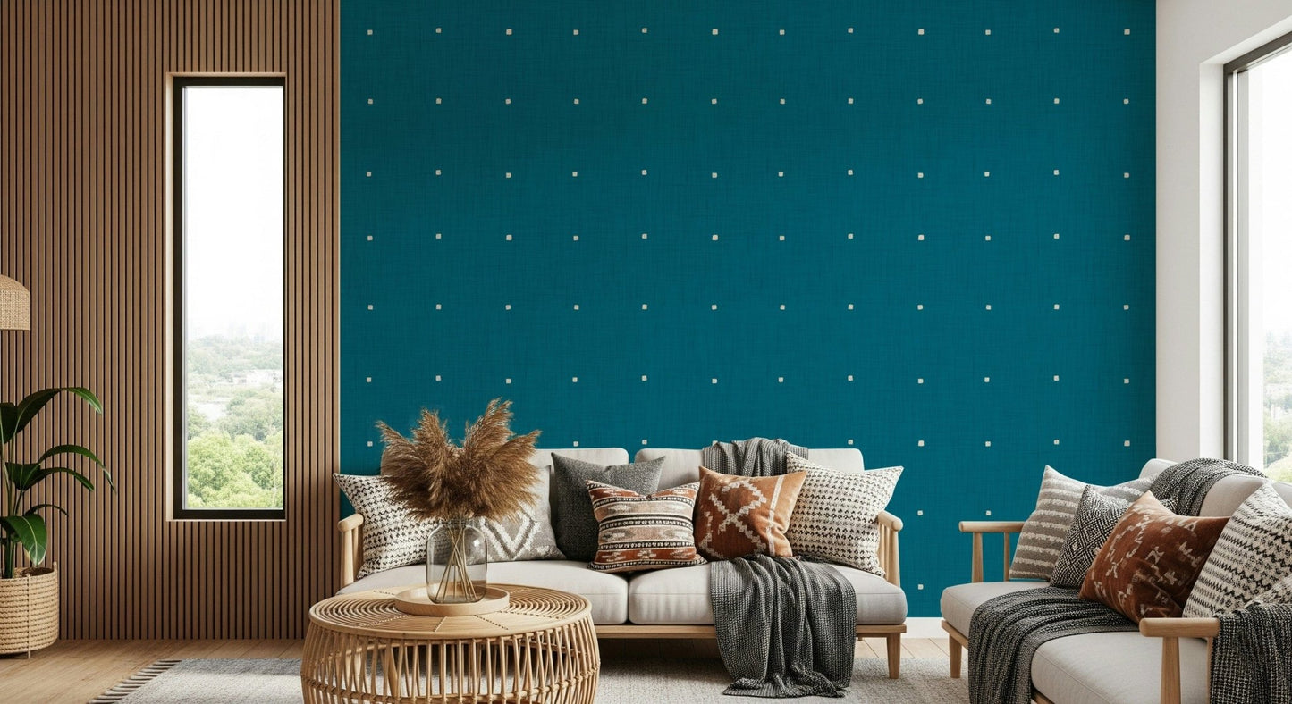 Textile-look Teal Texture Grid wallpaper.