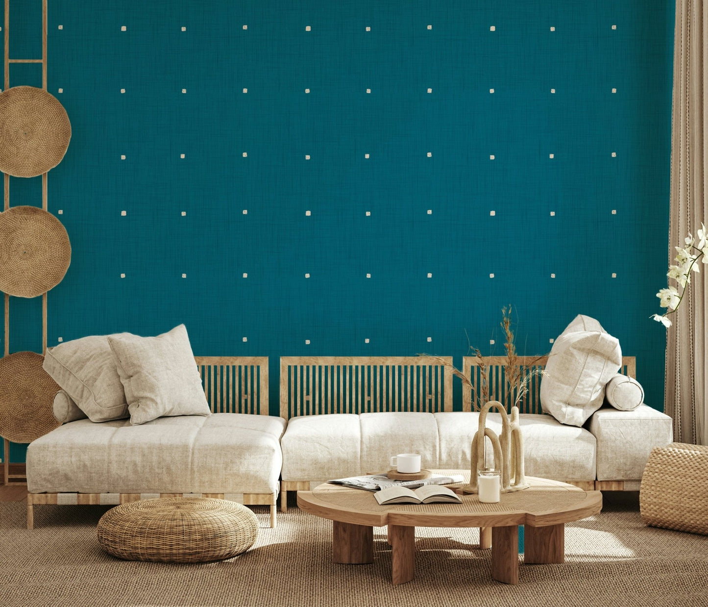 Peel and stick Teal Texture Grid wall design.