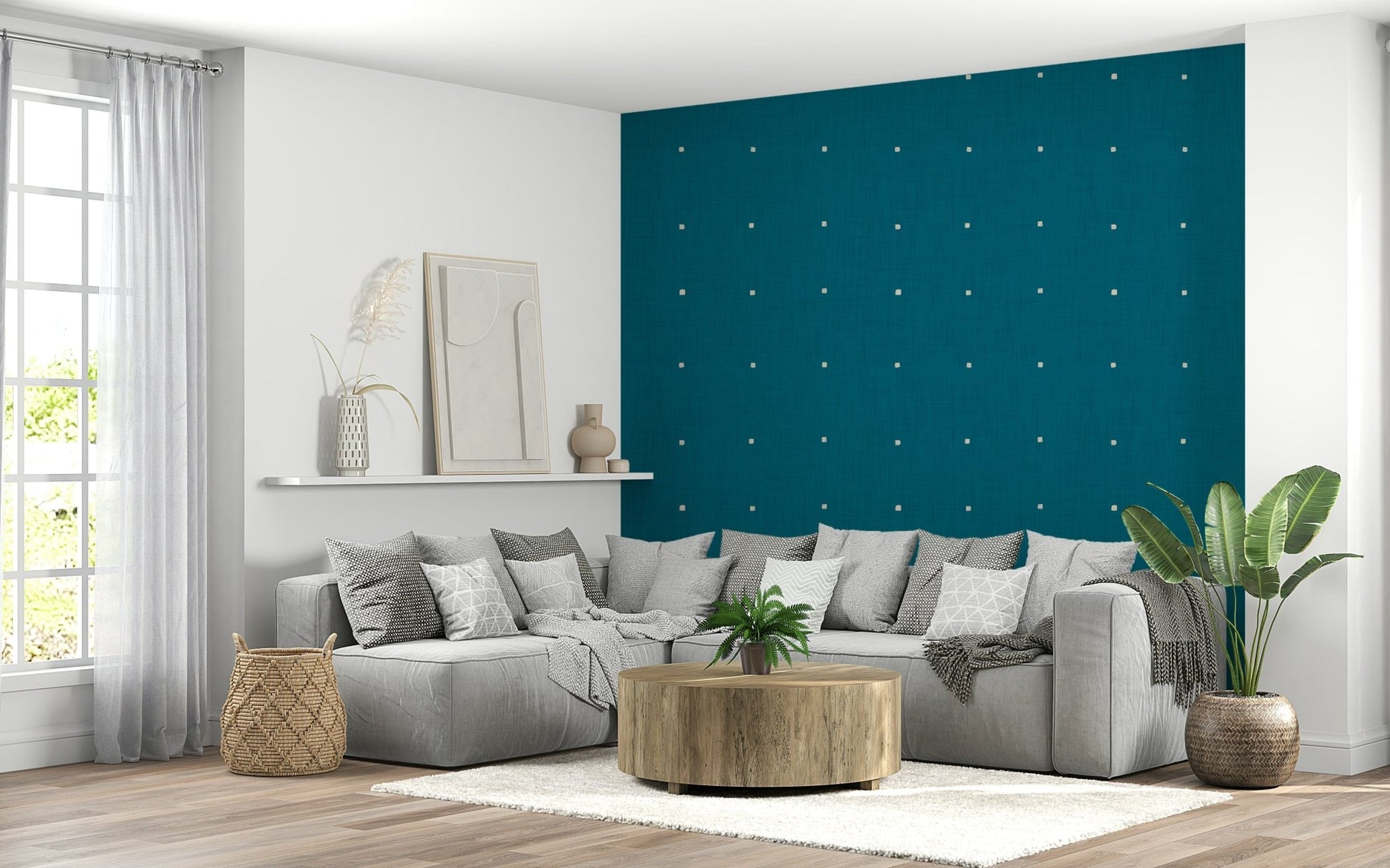 Textured Teal Grid wallcovering, cream spots.