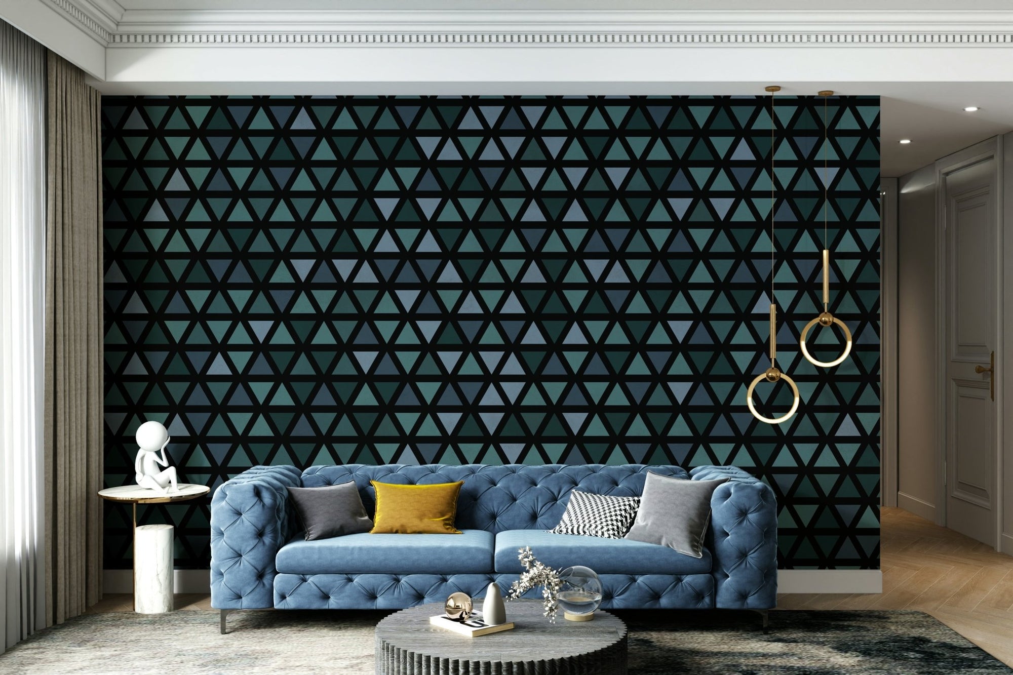 Teal triangle geometric wall mural design, GD1996