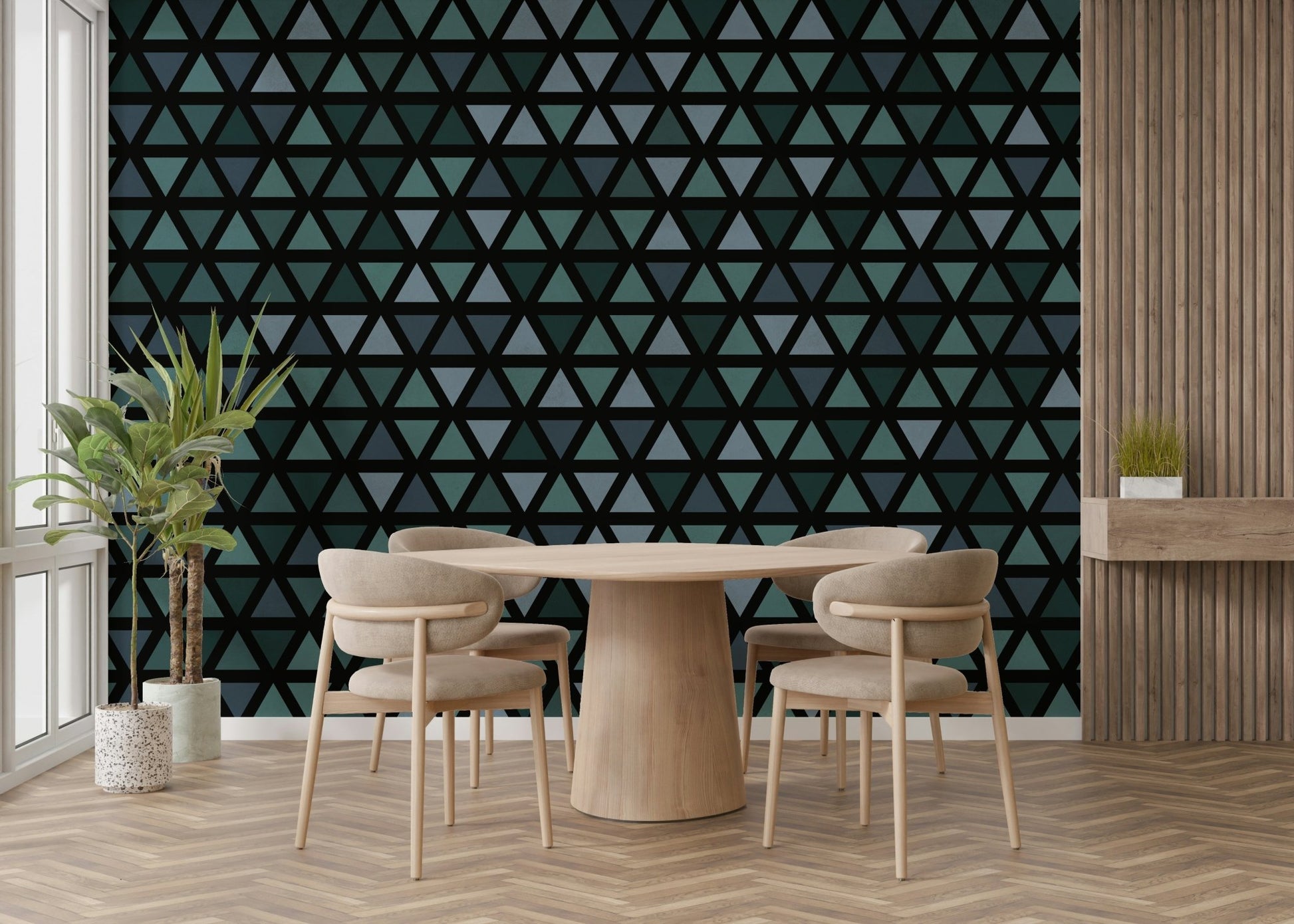 Stylish teal triangle wall design for interiors

