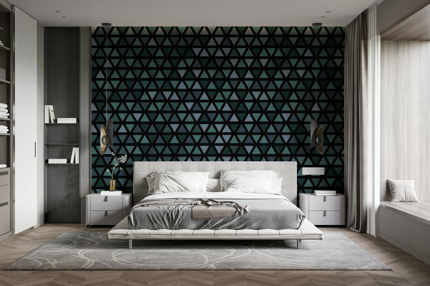 Modern geometric mural with teal accents

