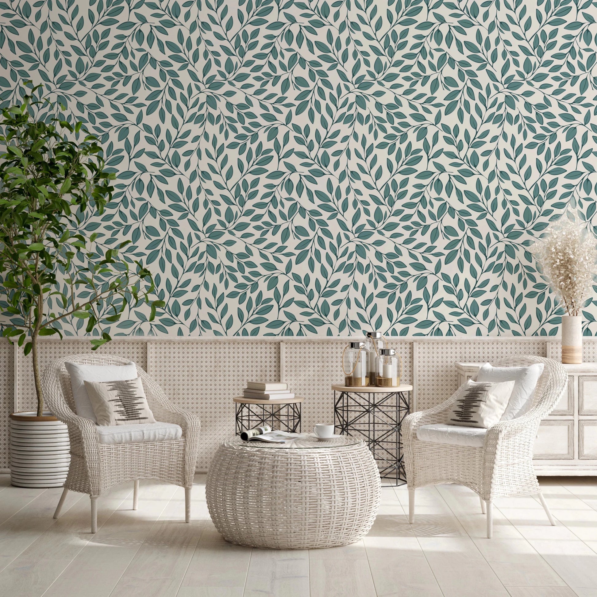 Relaxed Living space finished with botanical wallpaper and light decor, GD8230