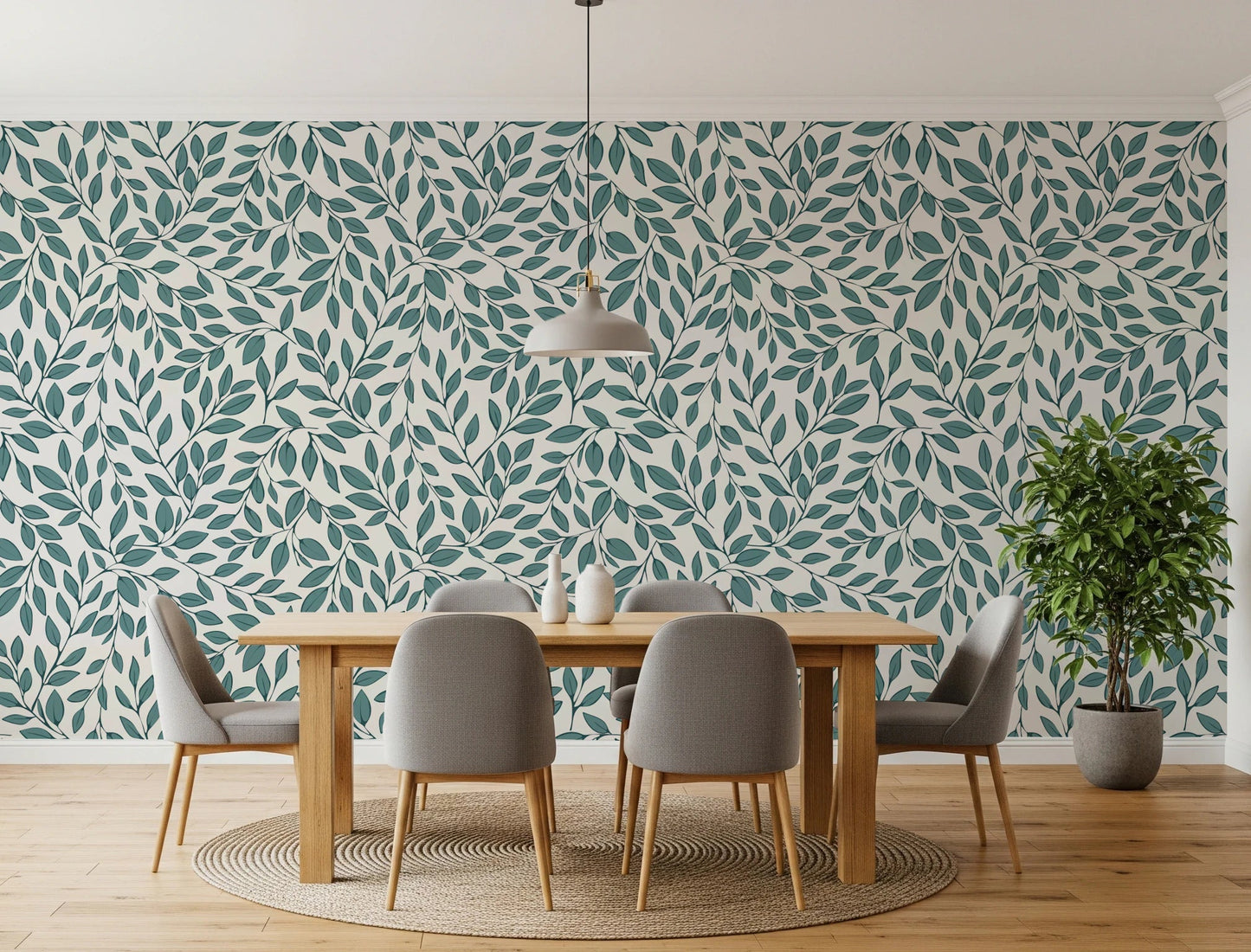 Minimal dining setup balanced with teal vine wallpaper and clean lines, GD8230