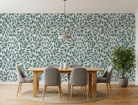 Minimal dining setup balanced with teal vine wallpaper and clean lines, GD8230