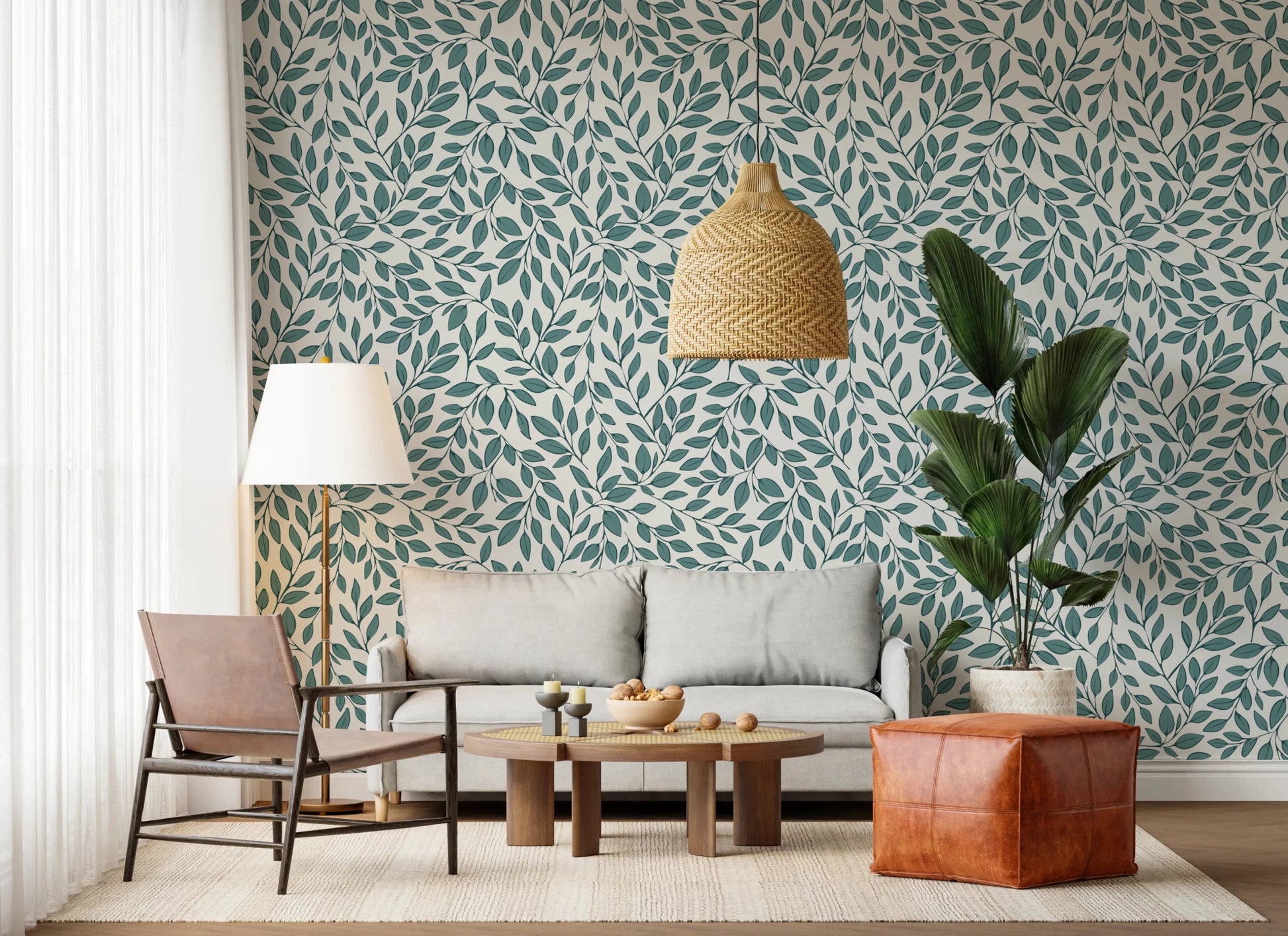 Bright living area enhanced by flowing leaf wallpaper in teal tones, GD8230