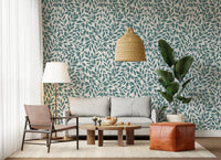 Bright living area enhanced by flowing leaf wallpaper in teal tones, GD8230