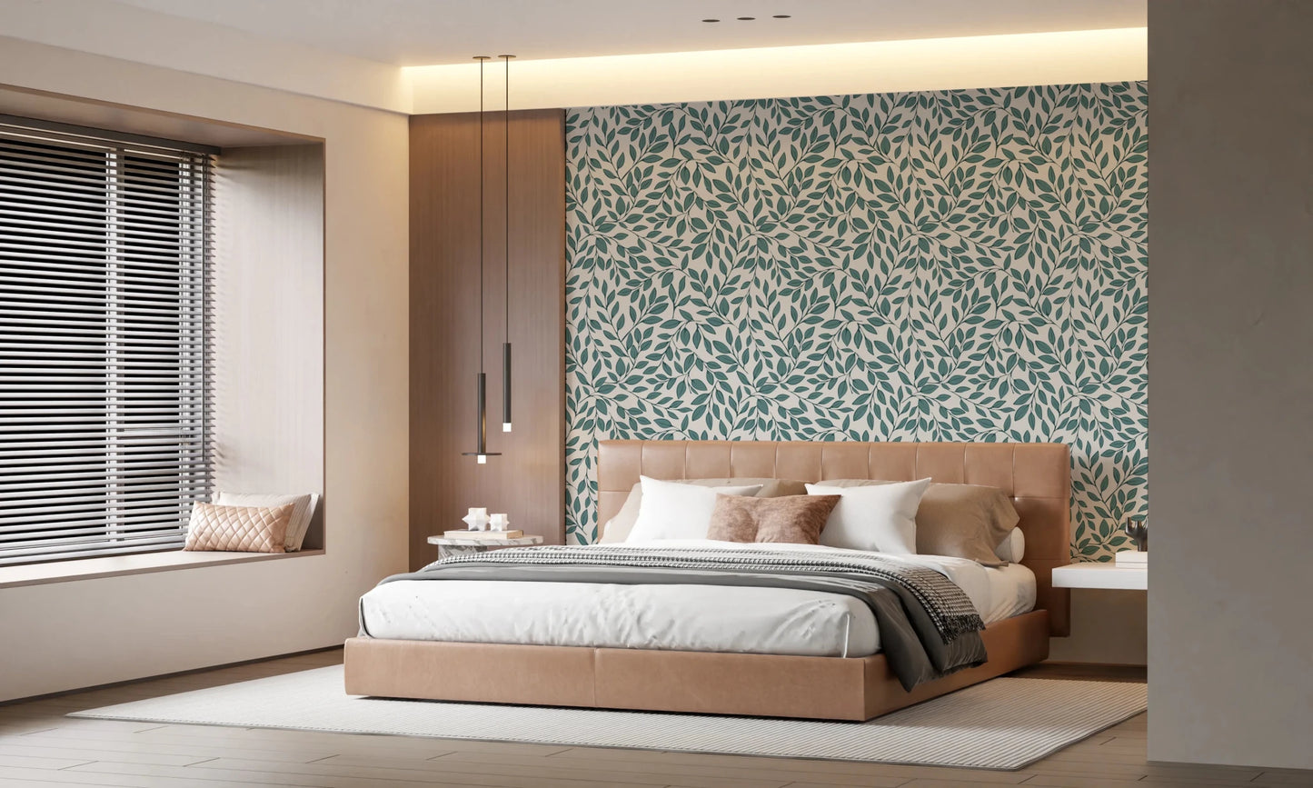 Bedroom interior complemented by soft vine wallpaper in fresh teal tones, GD8230