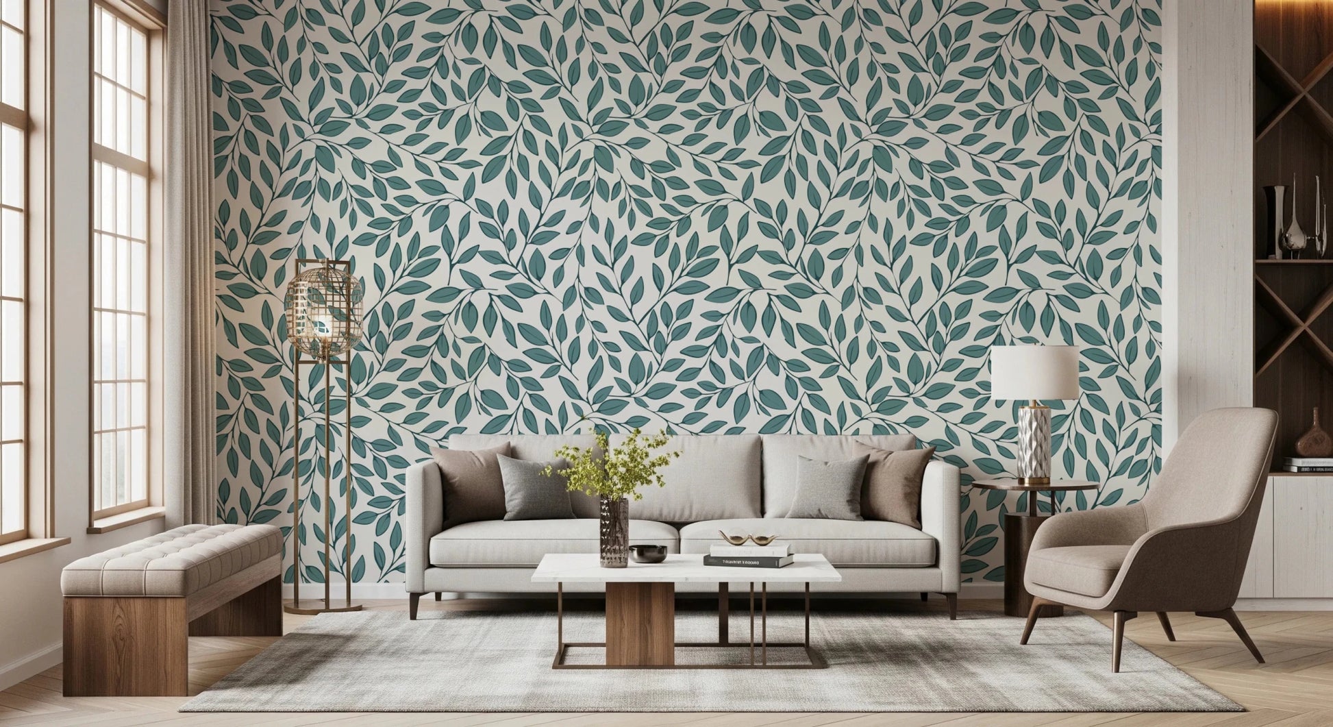 Cozy sofa setting finished with Teal Vines Wallpaper and natural accents, GD8230