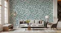 Cozy sofa setting finished with Teal Vines Wallpaper and natural accents, GD8230