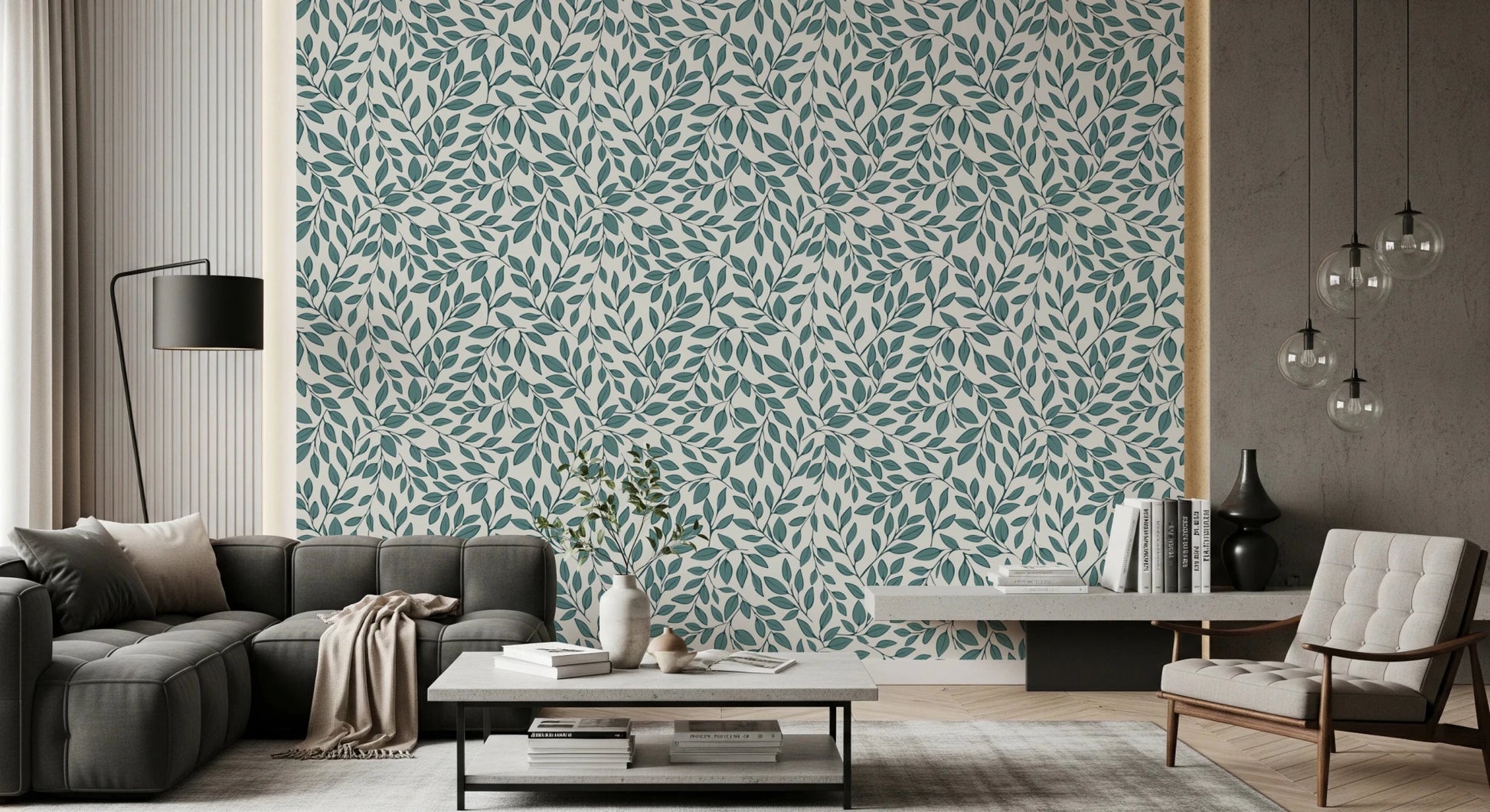 Modern lounge space paired with teal vine wallpaper and neutral seating, GD8230