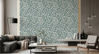 Modern lounge space paired with teal vine wallpaper and neutral seating, GD8230