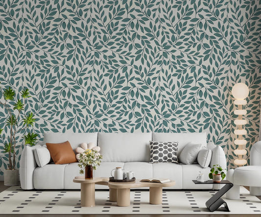 Living room styled with Teal Vines Wallpaper and soft leafy pattern backdrop