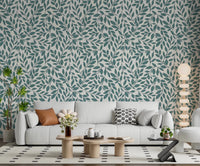 Living room styled with Teal Vines Wallpaper and soft leafy pattern backdrop, GD8230
