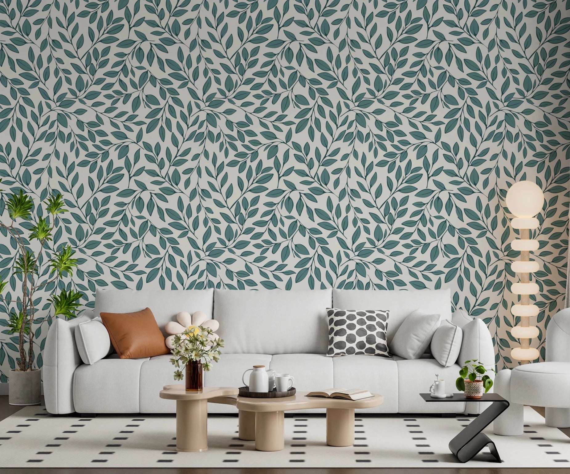 Living room styled with Teal Vines Wallpaper and soft leafy pattern backdrop, GD8230
