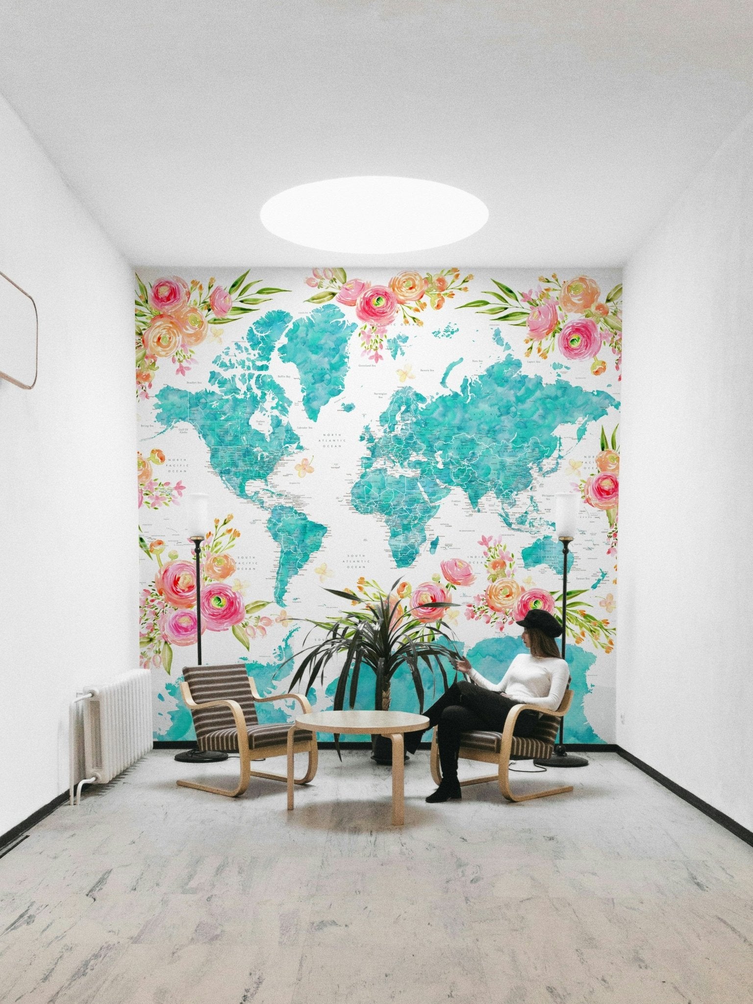 Artistic teal watercolor map mural

