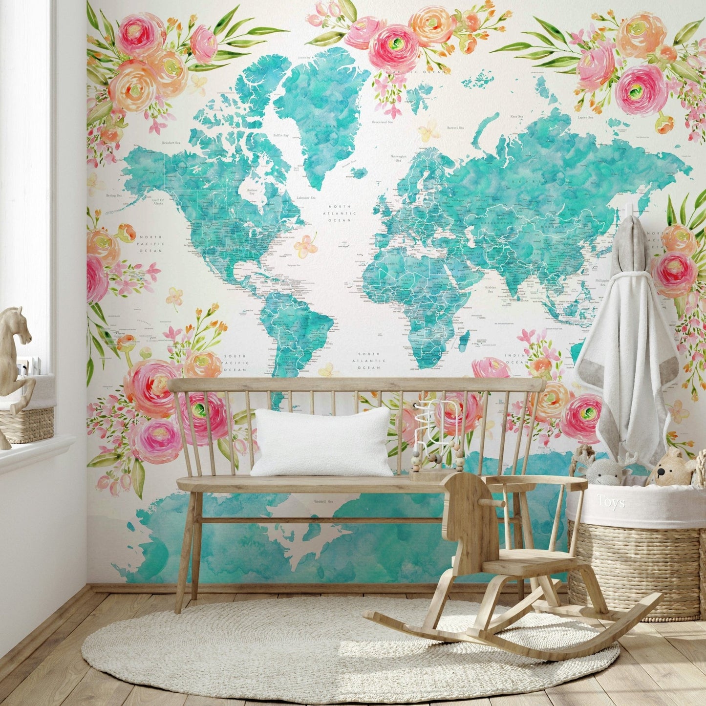 Teal watercolor world map wall decor


