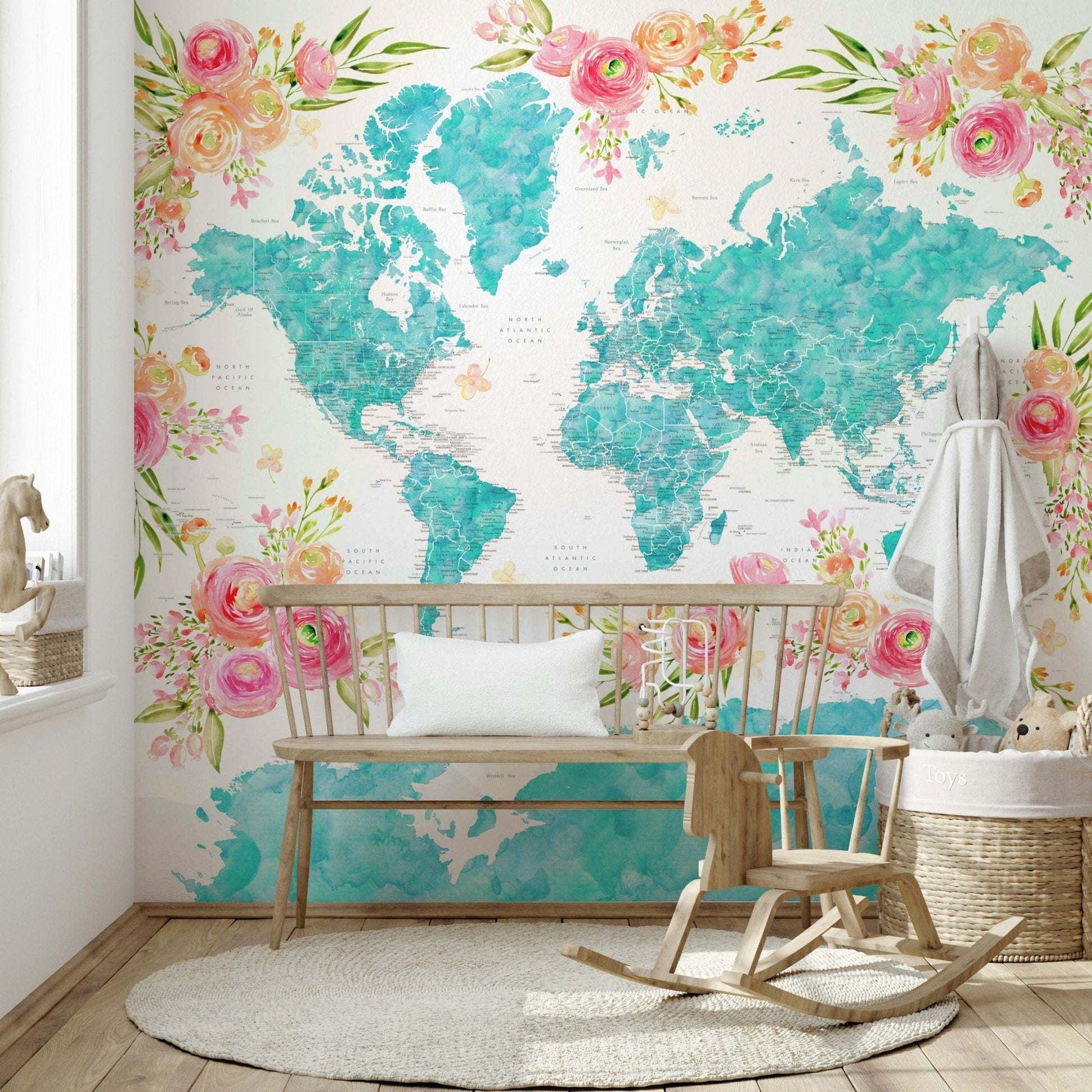 Teal watercolor world map wall decor


