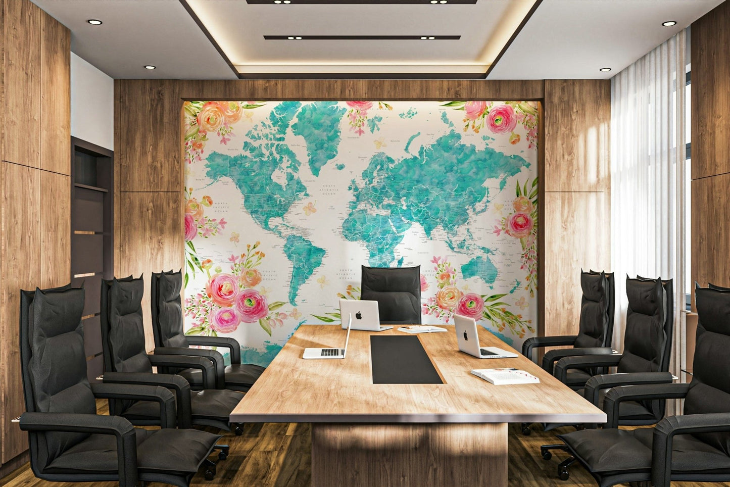 Watercolor map in teal tones decor

