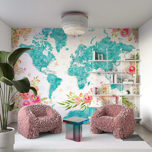 Teal watercolor world map wall art


