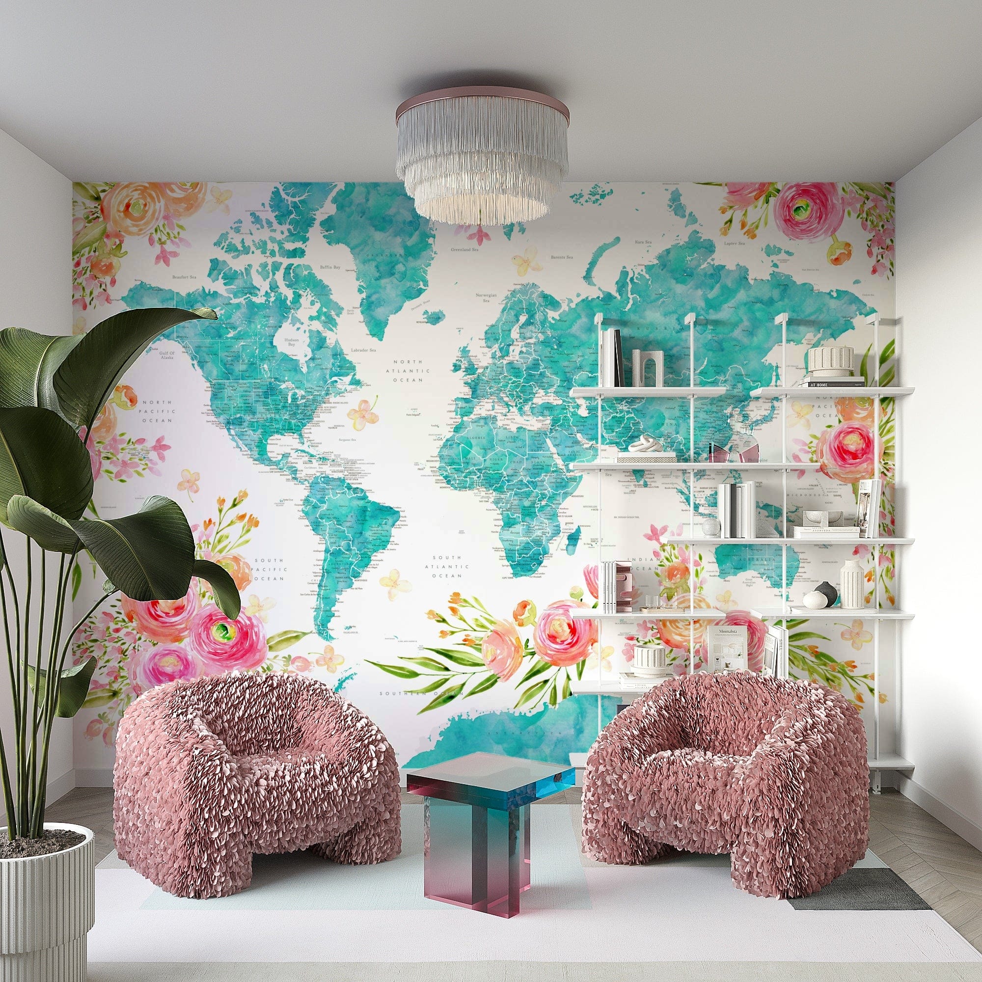 Teal watercolor world map wall art GD186

