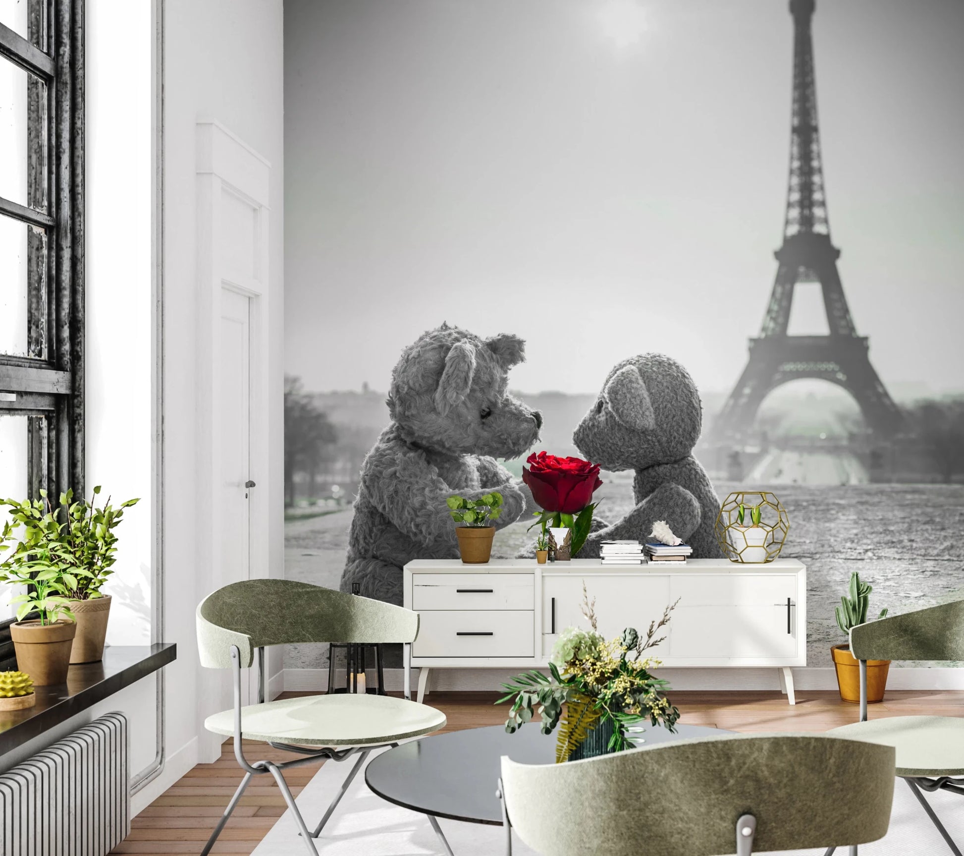 Teddy bear love mural with iconic tower and muted gray tones