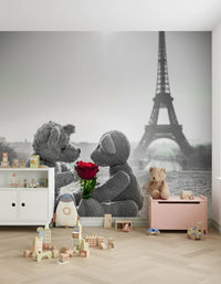 Storybook wall mural with romantic teddy bear Paris artwork
