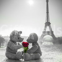 Paris wall mural with seated teddy bears and Eiffel Tower view