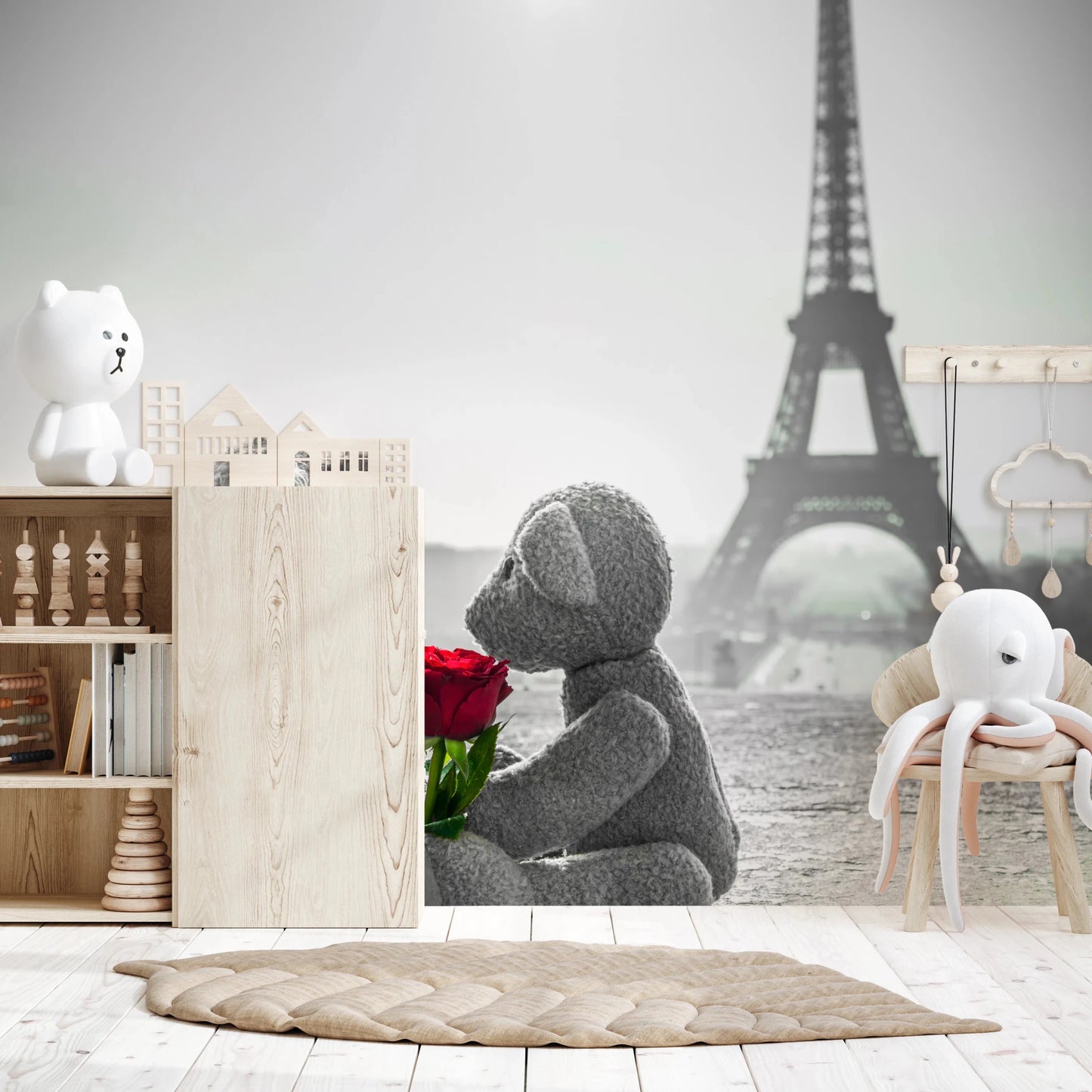 Romantic teddy bear wall mural with grayscale Paris background