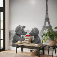 Teddy Bears in Love wall mural with rose and Paris tower view