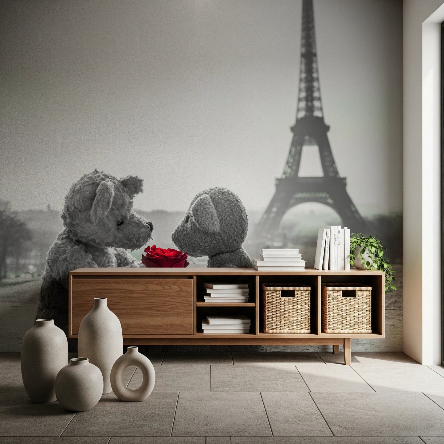 Soft monochrome mural with teddy bears and single red flower