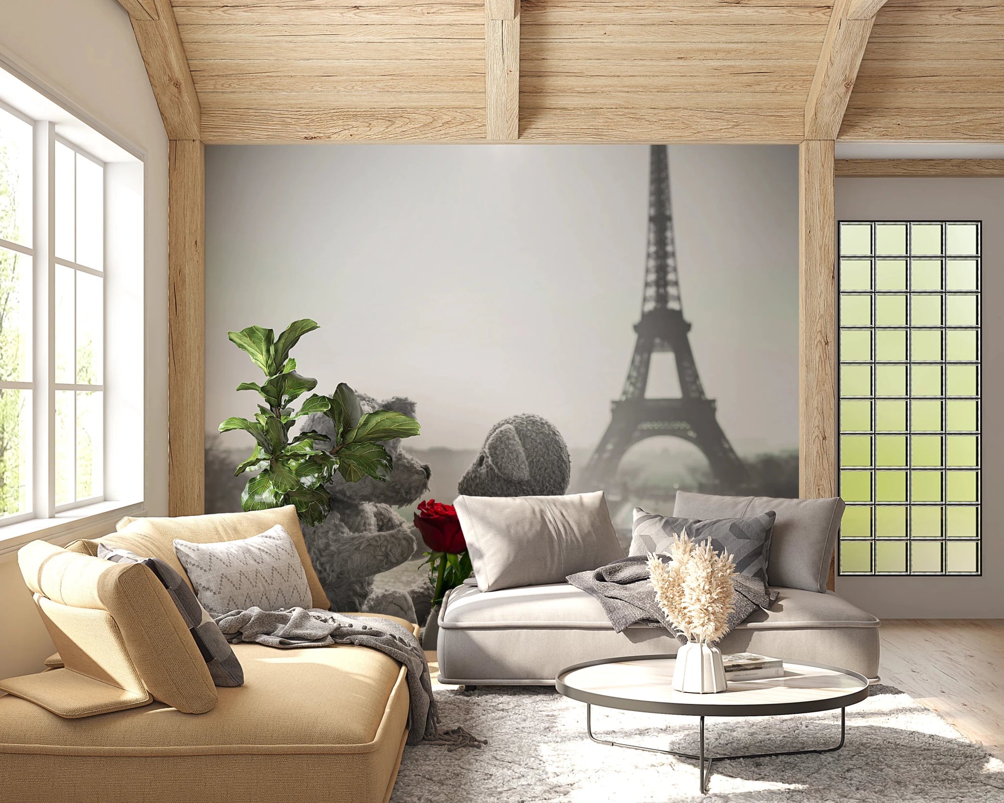 Living room with Teddy Bears in Love wall mural and Eiffel backdrop, GD8280