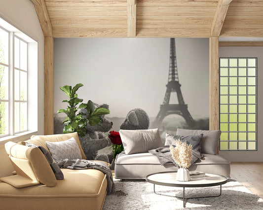 Living room with Teddy Bears in Love wall mural and Eiffel backdrop