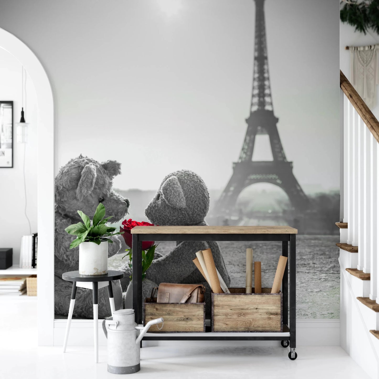 Hallway styled with Teddy Bears in Love wall mural and red rose