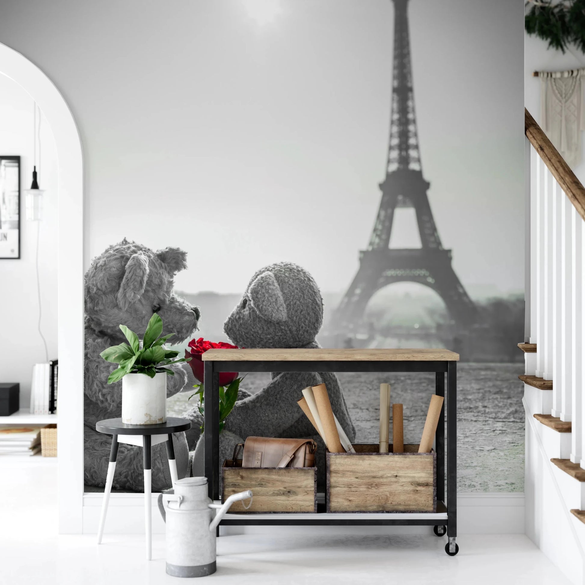 Hallway styled with Teddy Bears in Love wall mural and red rose