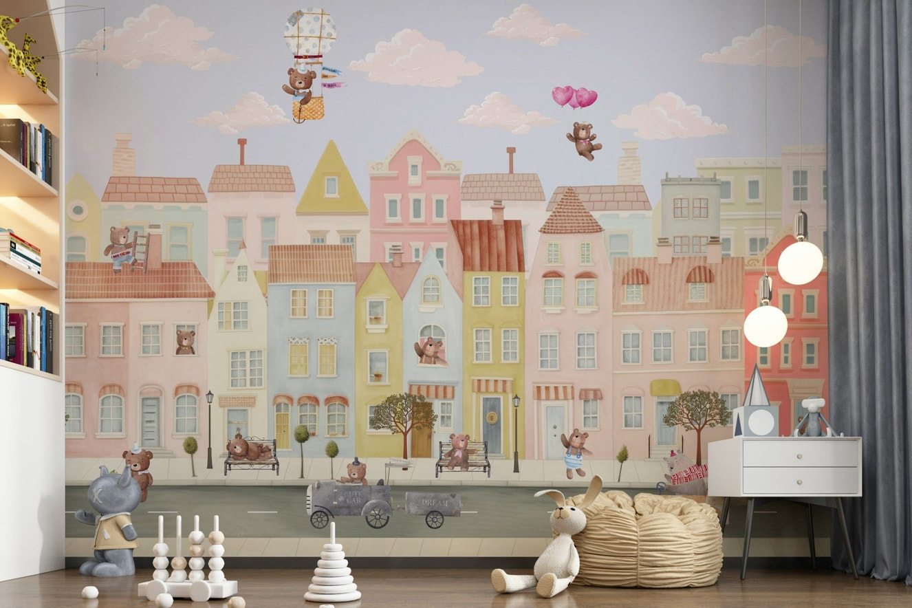 Whimsical village wallpaper with cute animal characters for a playroom wall mural.