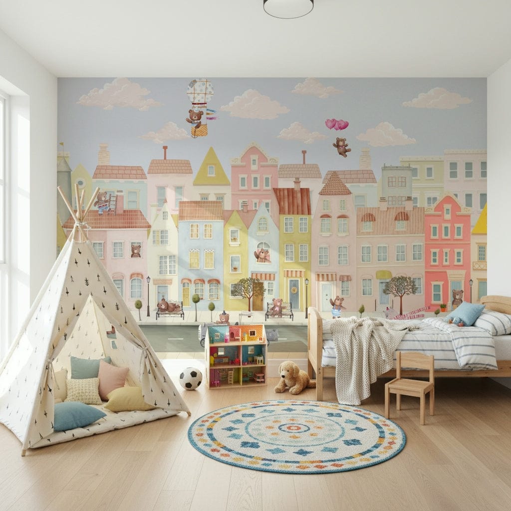 Teddy's Town Wall Mural in a bright nursery with white crib wallpaper., GD4088