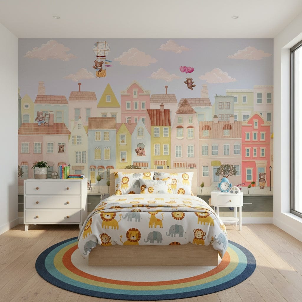 Teddy's Town Wall Mural in a contemporary flat with child friendly decor wallpaper.