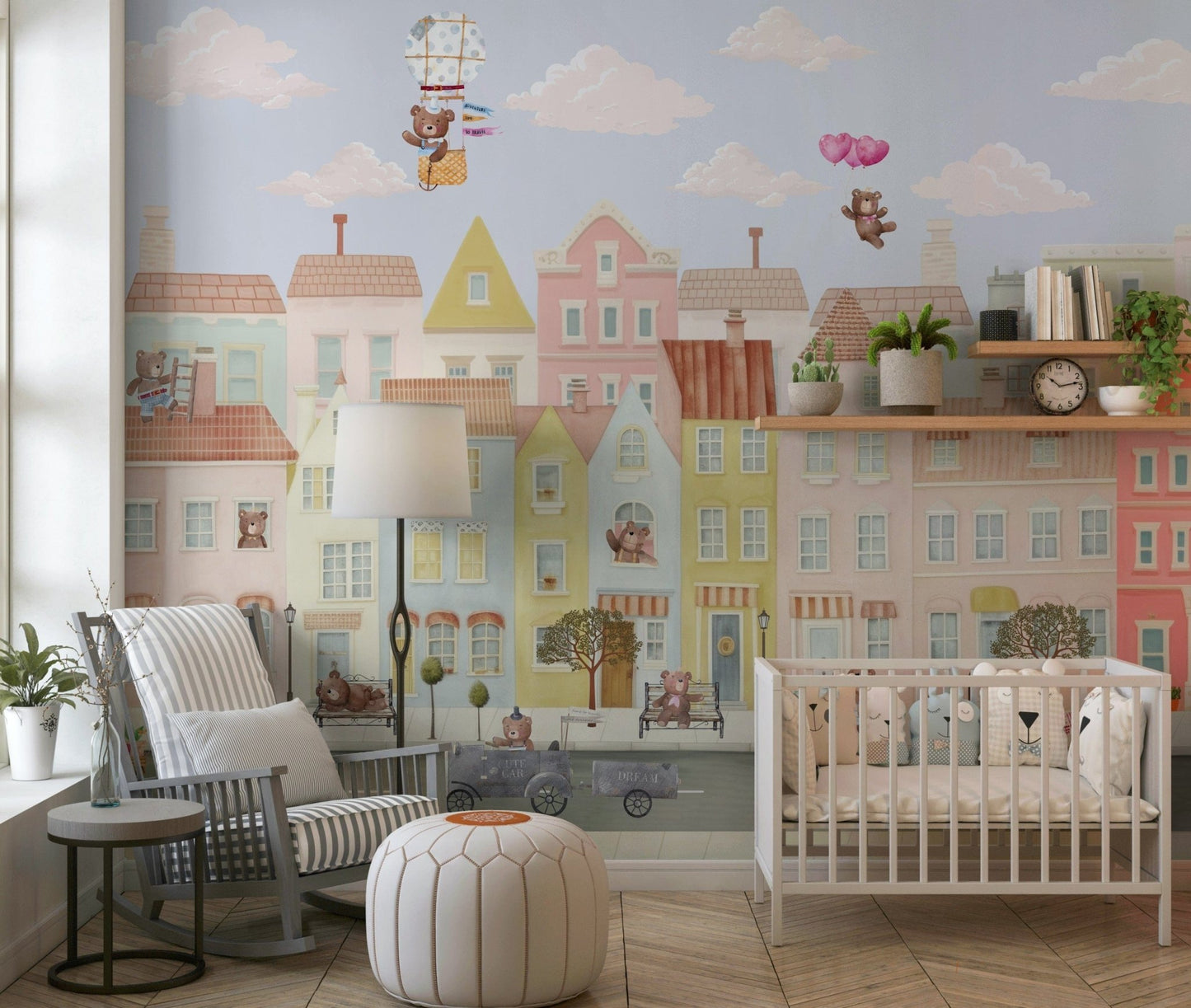 Friendly bear village wallpaper for a sophisticated nursery wall mural.
