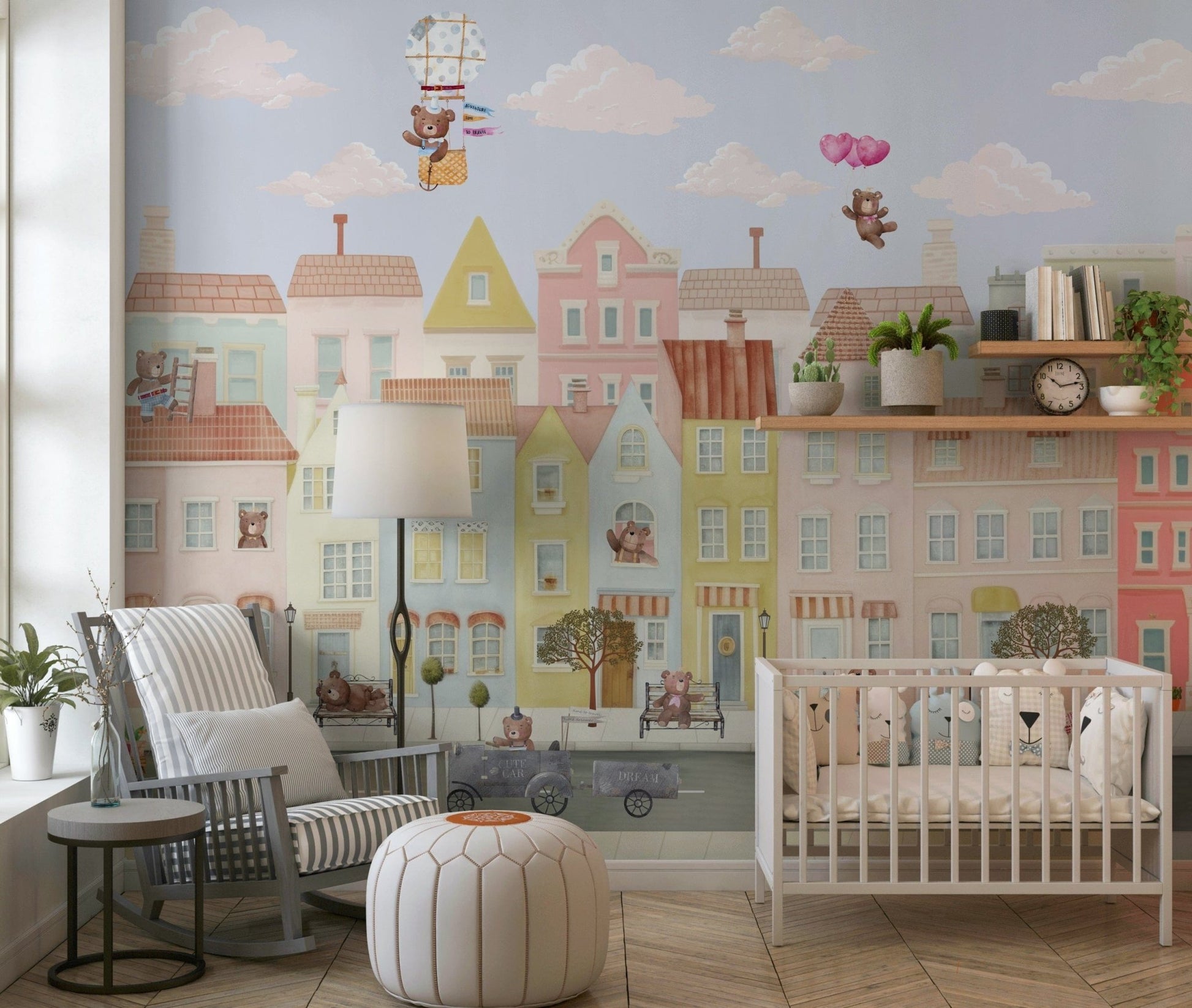Friendly bear village wallpaper for a sophisticated nursery wall mural.