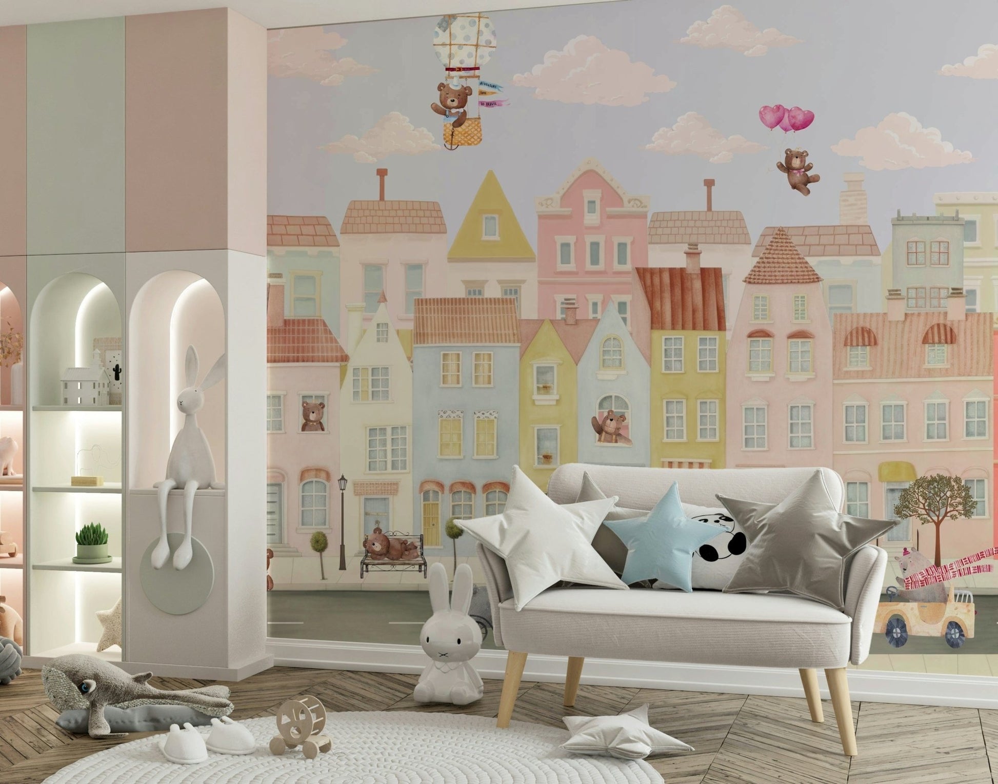 Colorful illustrated town on a feature wall mural for a kids bedroom wallpaper.